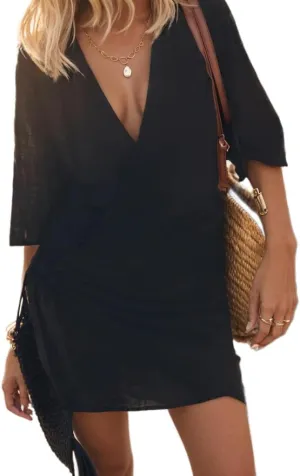 Akivide Women's Summer Linen Wrap Self Tie Kimonos Mini Dress Elegant Short Sleeve V Neck Beach Vacation Cocktail Dress