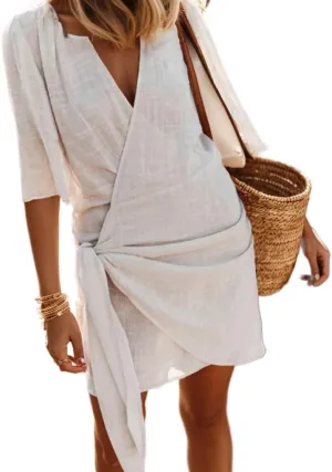 Akivide Women's Summer Linen Wrap Self Tie Kimonos Mini Dress Elegant Short Sleeve V Neck Beach Vacation Cocktail Dress