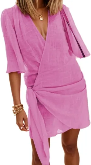 Akivide Women's Summer Linen Wrap Self Tie Kimonos Mini Dress Elegant Short Sleeve V Neck Beach Vacation Cocktail Dress