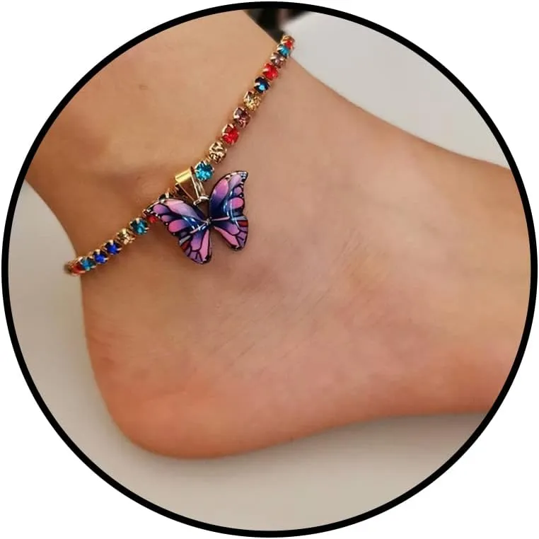 Aktully Butterfly Ankle Bracelets for Women Charms Butterfly Anklets Crystal Tennis Anklets Boho Beach Foot Chain Anklet Colored Zircon Anklet for Women Body Jewelry