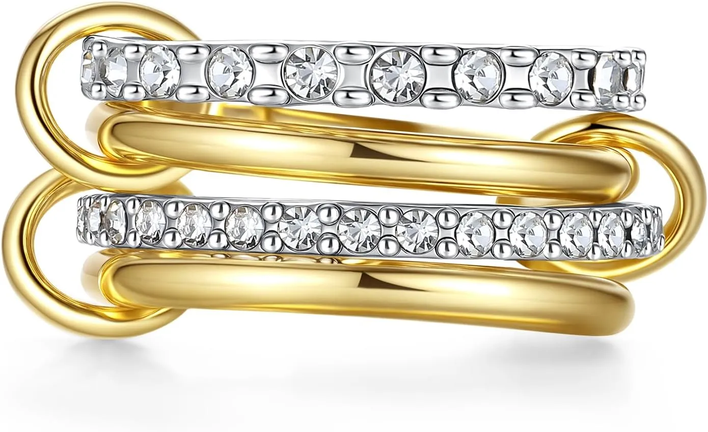 ALEXTINA Gold Stackable Rings for Women 14K Gold Plated Cubic Zirconia Rings, Silver Gold Mixed Metals Multi Ring Set Stackable Ring Set for Women Non Tarnish (Size 6-10)