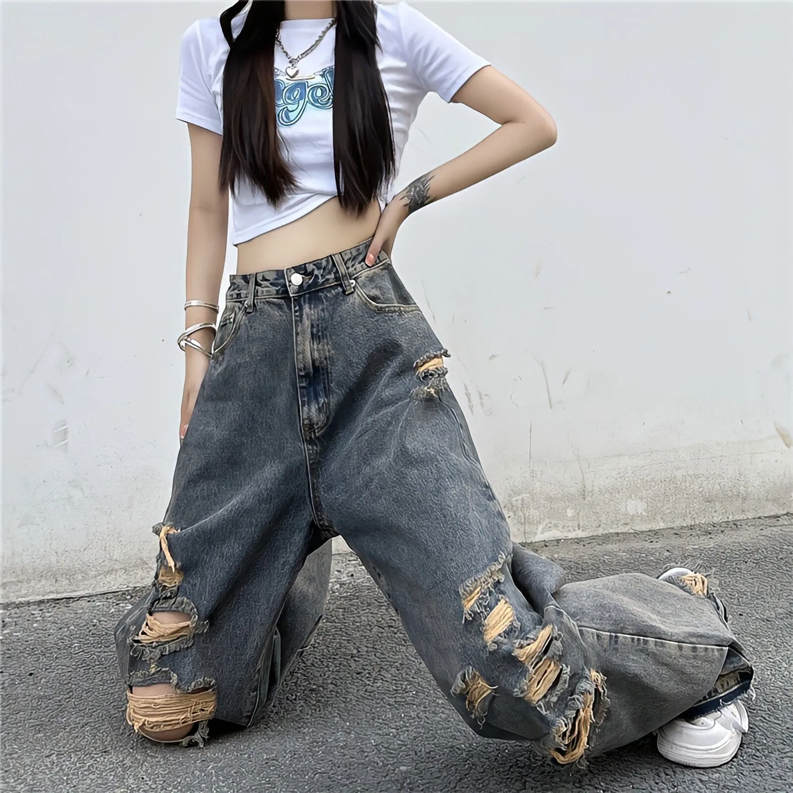 Alternative 'Broken Dreams' Grey Grunge Ripped Baggy Pants