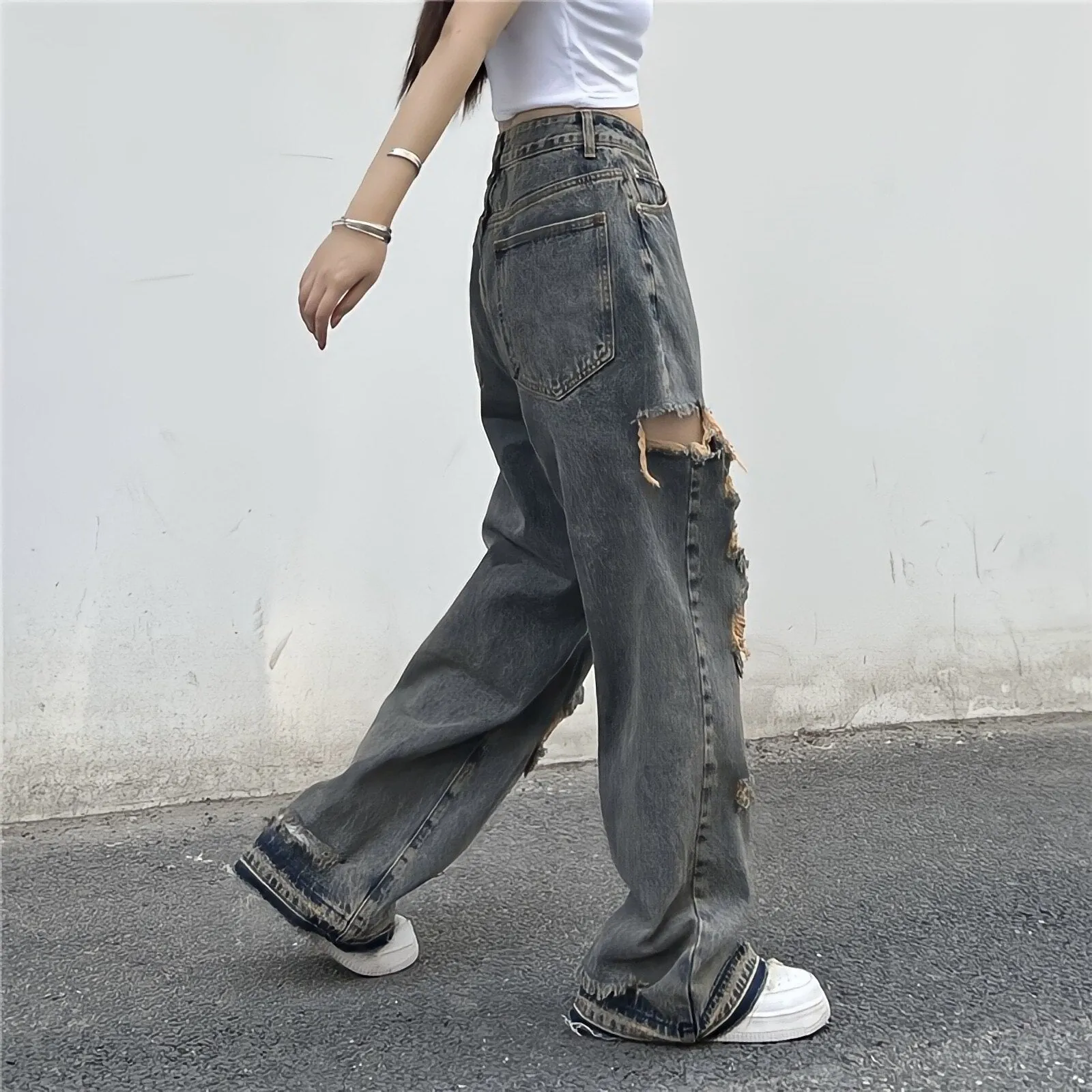 Alternative 'Broken Dreams' Grey Grunge Ripped Baggy Pants