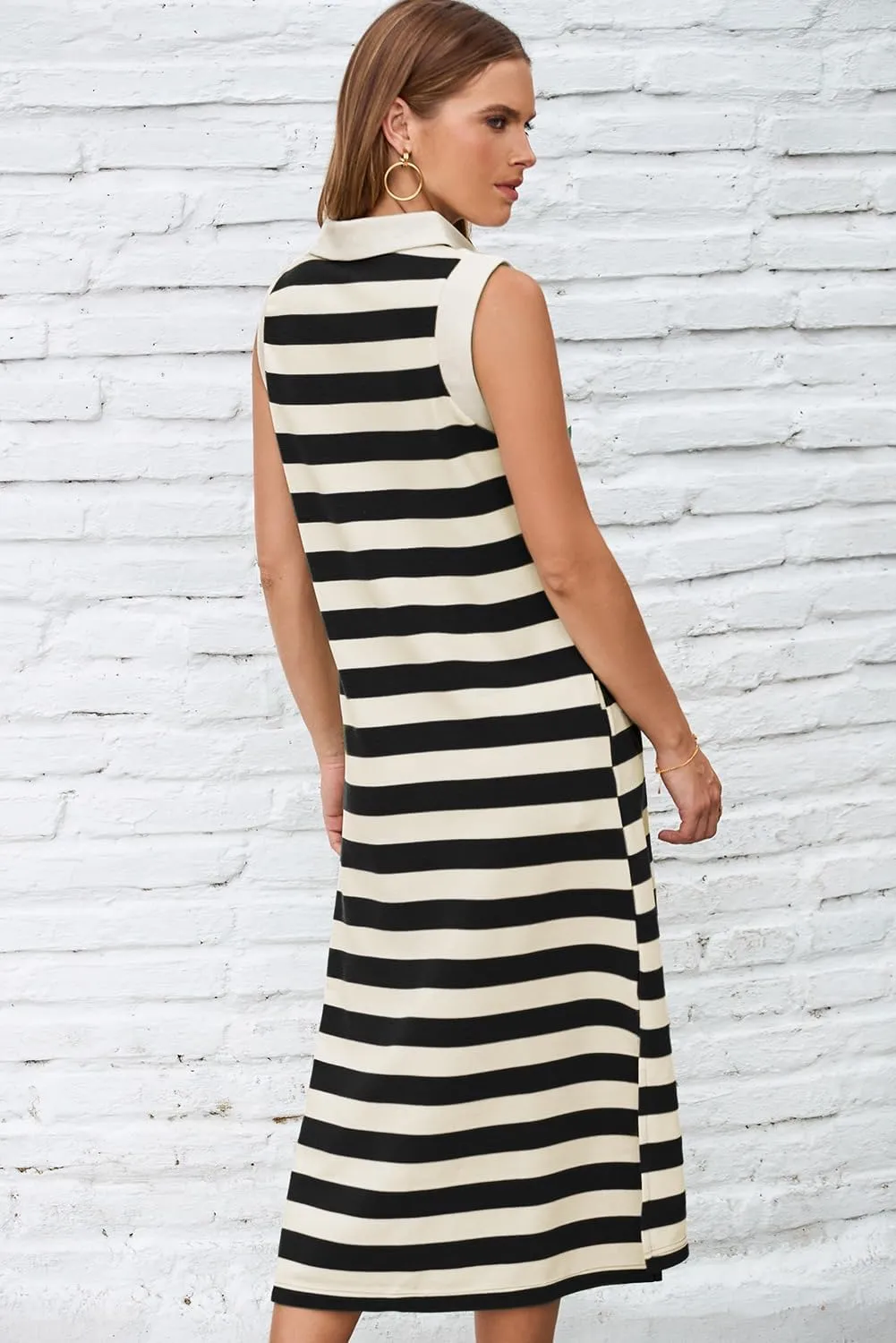 AlvaQ Womens Summer Dresses 2025 V Neck Sleeveless Casual Spring Cute Beach Striped Split Maxi Sundress with Pockets