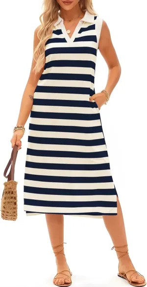 AlvaQ Womens Summer Dresses 2025 V Neck Sleeveless Casual Spring Cute Beach Striped Split Maxi Sundress with Pockets