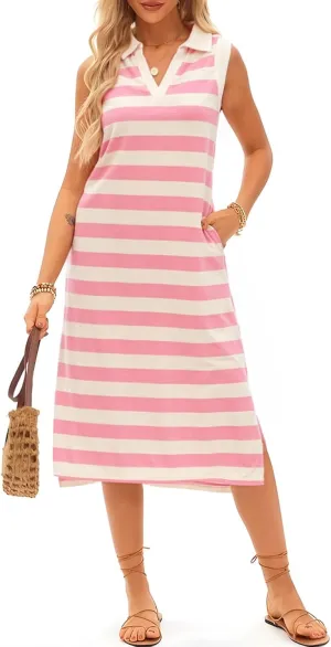 AlvaQ Womens Summer Dresses 2025 V Neck Sleeveless Casual Spring Cute Beach Striped Split Maxi Sundress with Pockets