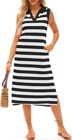 AlvaQ Womens Summer Dresses 2025 V Neck Sleeveless Casual Spring Cute Beach Striped Split Maxi Sundress with Pockets