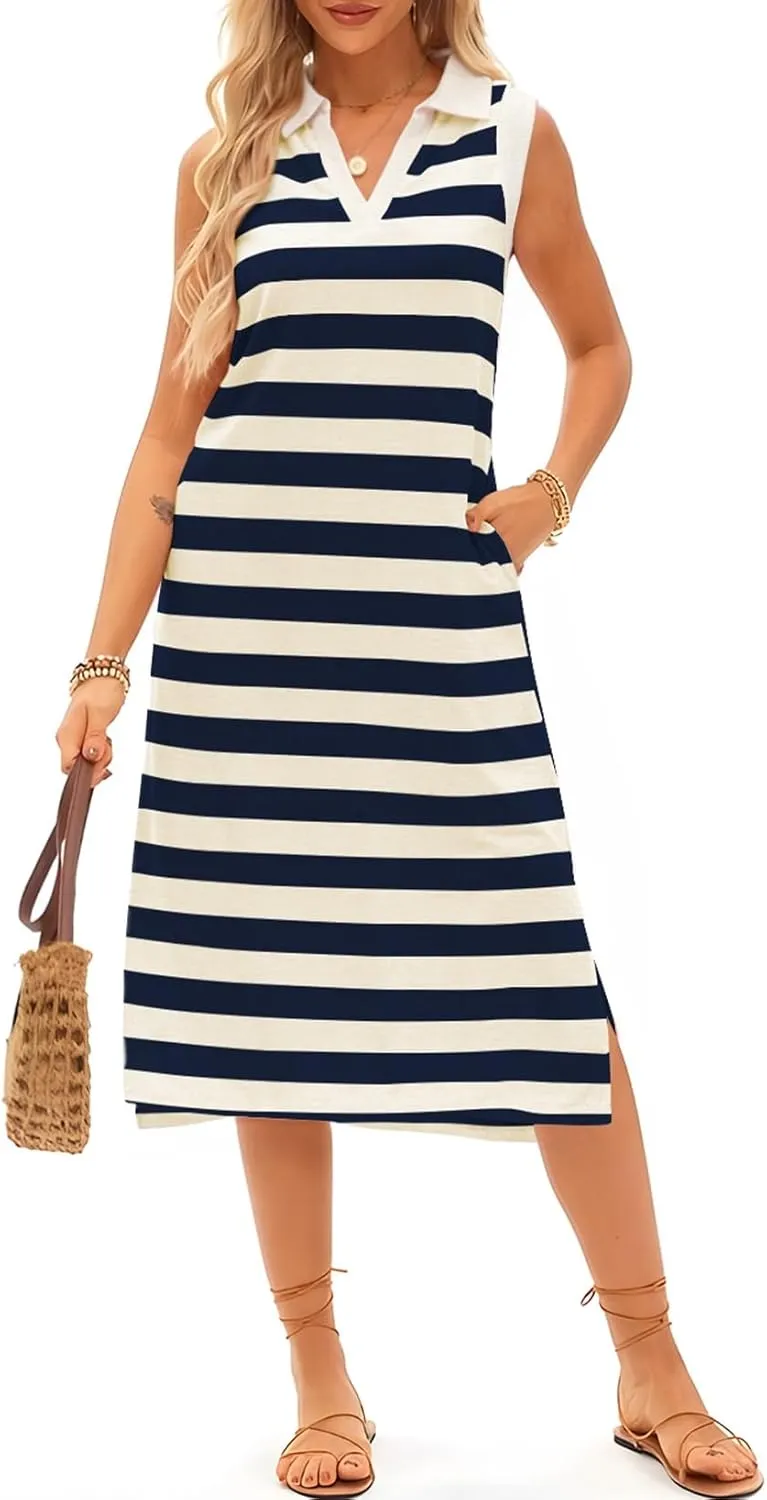 AlvaQ Womens Summer Dresses 2025 V Neck Sleeveless Casual Spring Cute Beach Striped Split Maxi Sundress with Pockets