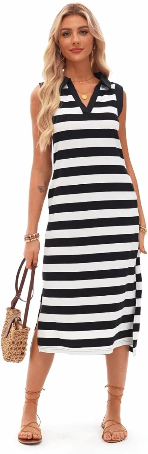 AlvaQ Womens Summer Dresses 2025 V Neck Sleeveless Casual Spring Cute Beach Striped Split Maxi Sundress with Pockets