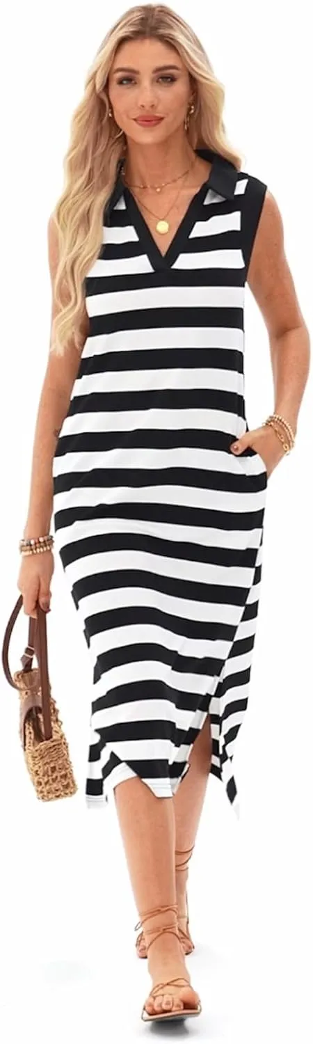 AlvaQ Womens Summer Dresses 2025 V Neck Sleeveless Casual Spring Cute Beach Striped Split Maxi Sundress with Pockets