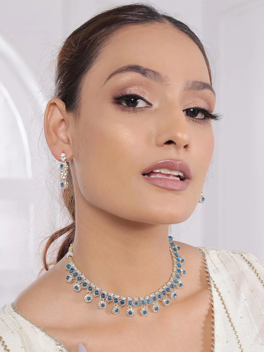 American/AD Two-Layered | Sparkling Square-Shaped Rhinestone Crystal Design Necklace | Dangle Earrings and Maang Tikka for Wedding Jewellery Set for Women