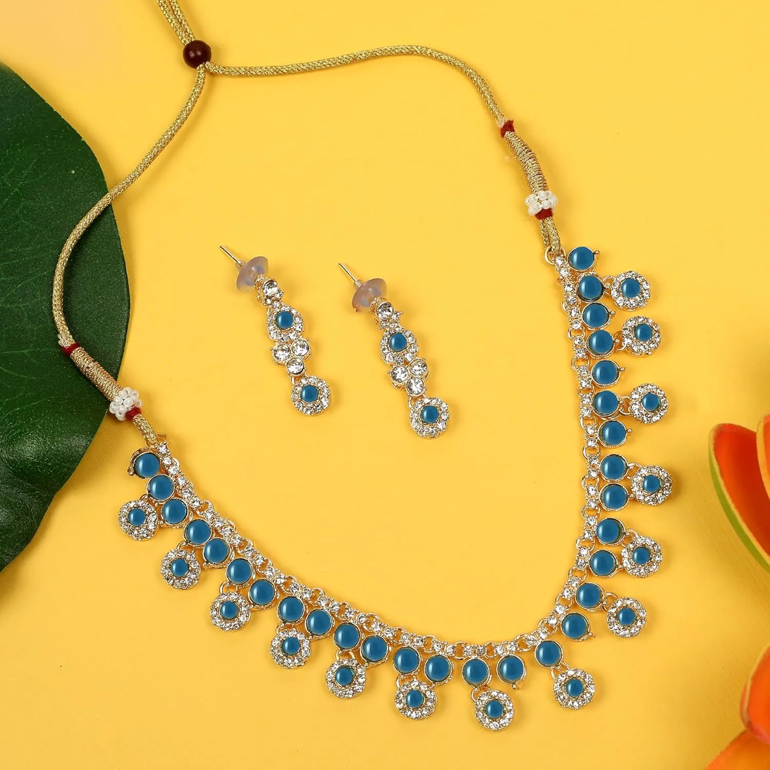 American/AD Two-Layered | Sparkling Square-Shaped Rhinestone Crystal Design Necklace | Dangle Earrings and Maang Tikka for Wedding Jewellery Set for Women