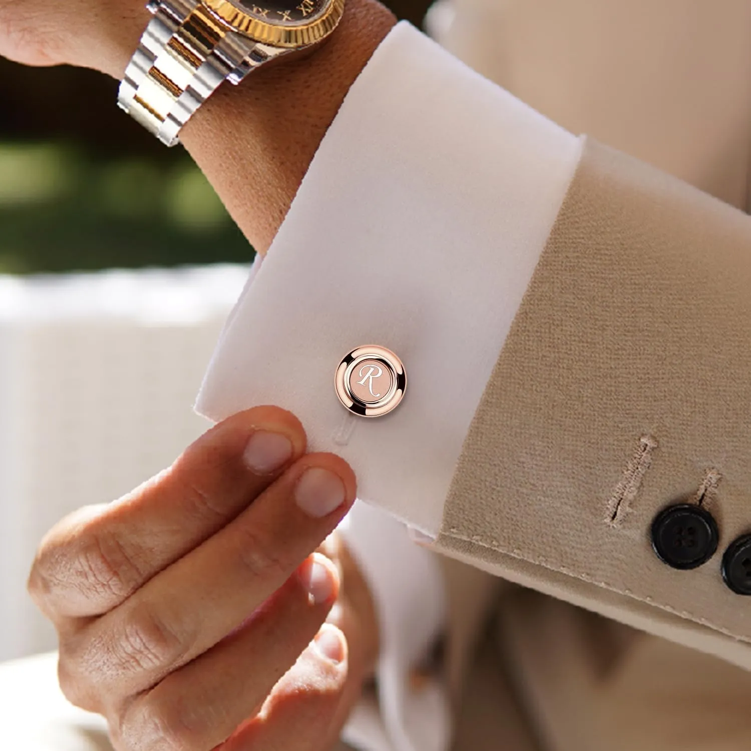 AMITER Mens Cufflinks with Initial A-Z, Classic 26 Letters Cuff Links for Men Business Wedding Shirts - 3 Pairs (Silver   Black   Rose Gold)