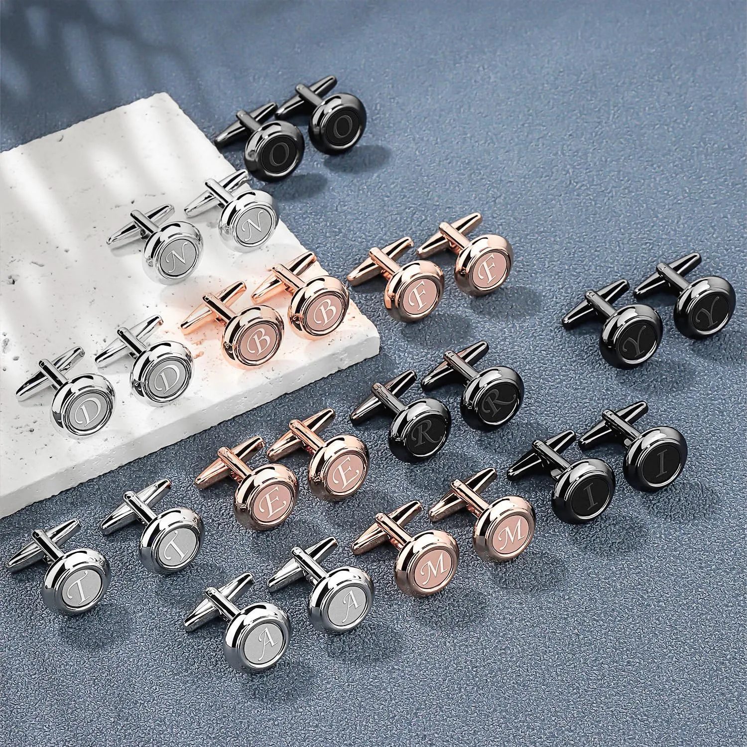 AMITER Mens Cufflinks with Initial A-Z, Classic 26 Letters Cuff Links for Men Business Wedding Shirts - 3 Pairs (Silver   Black   Rose Gold)