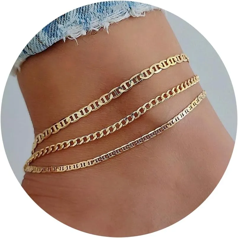 Ankle Bracelets for Women, 14k Gold/White Gold Plated Heart Bead Cuban Mariner Butterfly Anklets for Women Adjustable Link Chain Gold Jewelry