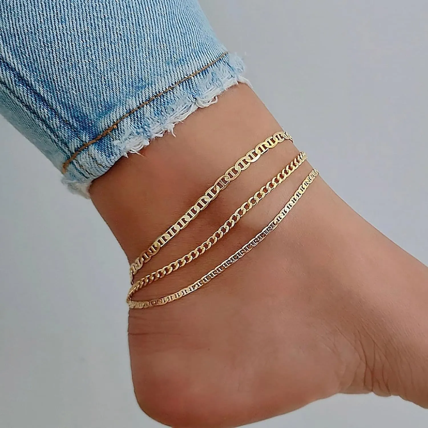 Ankle Bracelets for Women, 14k Gold/White Gold Plated Heart Bead Cuban Mariner Butterfly Anklets for Women Adjustable Link Chain Gold Jewelry