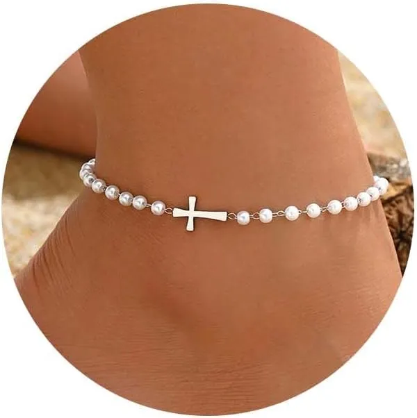 Ankle Bracelets for Women 18K Gold Plated Dainty Waterproof Cross Anklets Pearl Beaded Link Chain Anklet for Women Non Tarnish Summer Beach Foot Jewelry