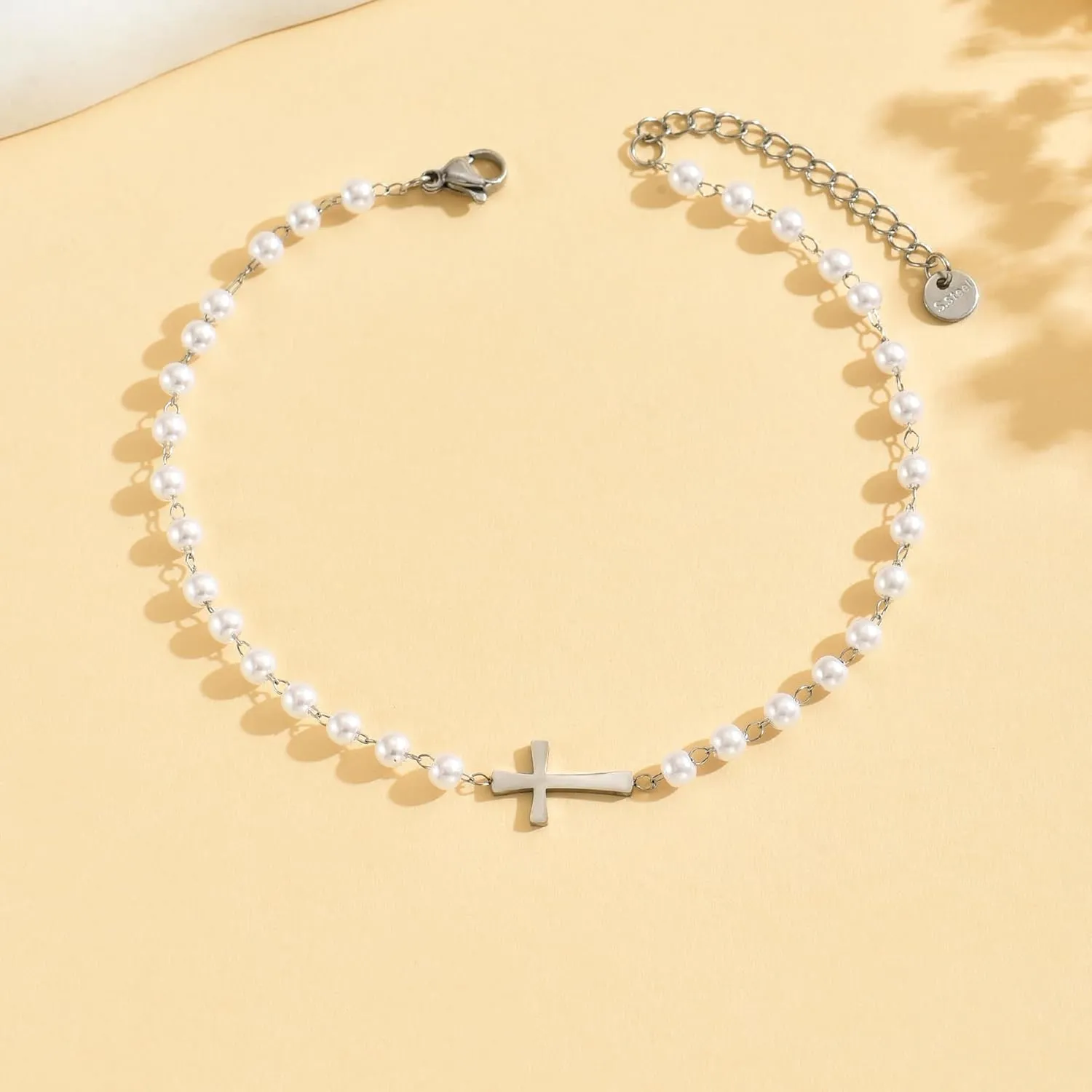 Ankle Bracelets for Women 18K Gold Plated Dainty Waterproof Cross Anklets Pearl Beaded Link Chain Anklet for Women Non Tarnish Summer Beach Foot Jewelry