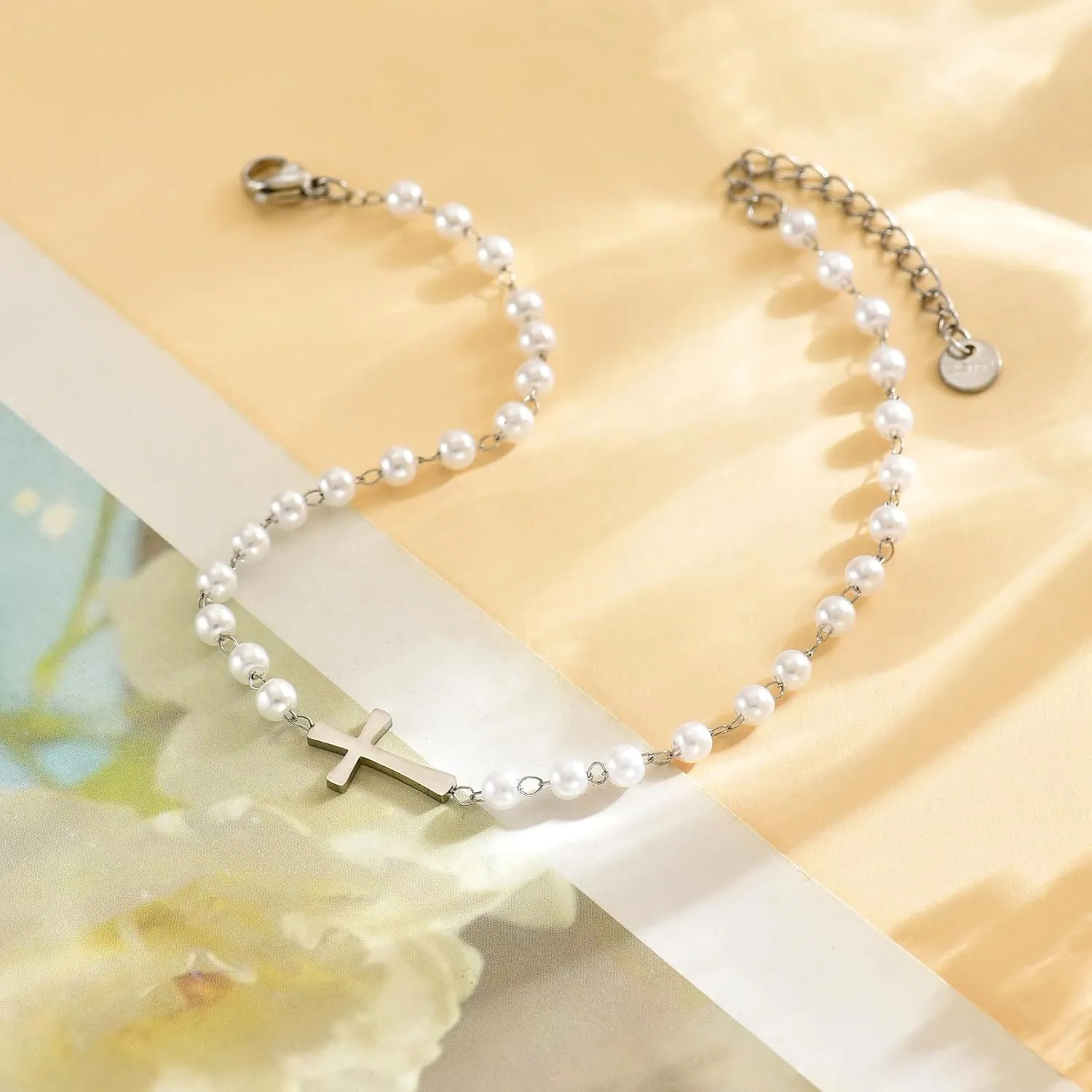 Ankle Bracelets for Women 18K Gold Plated Dainty Waterproof Cross Anklets Pearl Beaded Link Chain Anklet for Women Non Tarnish Summer Beach Foot Jewelry