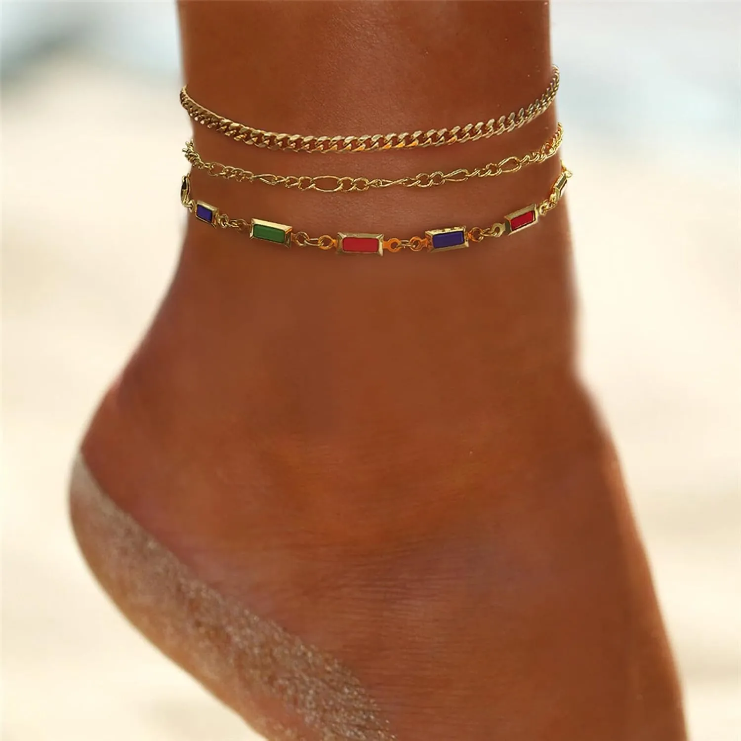 Ankle Bracelets for Women Girls Gold Stackable Anklets,14k Gold Plated Waterproof Layered Beads Herringbone Cuba Paper Clip Chain Figaro Link Anklets Set for Girls Jewelry Gifts Adjustable Size