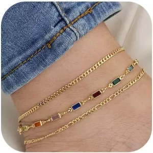 Ankle Bracelets for Women Girls Gold Stackable Anklets,14k Gold Plated Waterproof Layered Beads Herringbone Cuba Paper Clip Chain Figaro Link Anklets Set for Girls Jewelry Gifts Adjustable Size