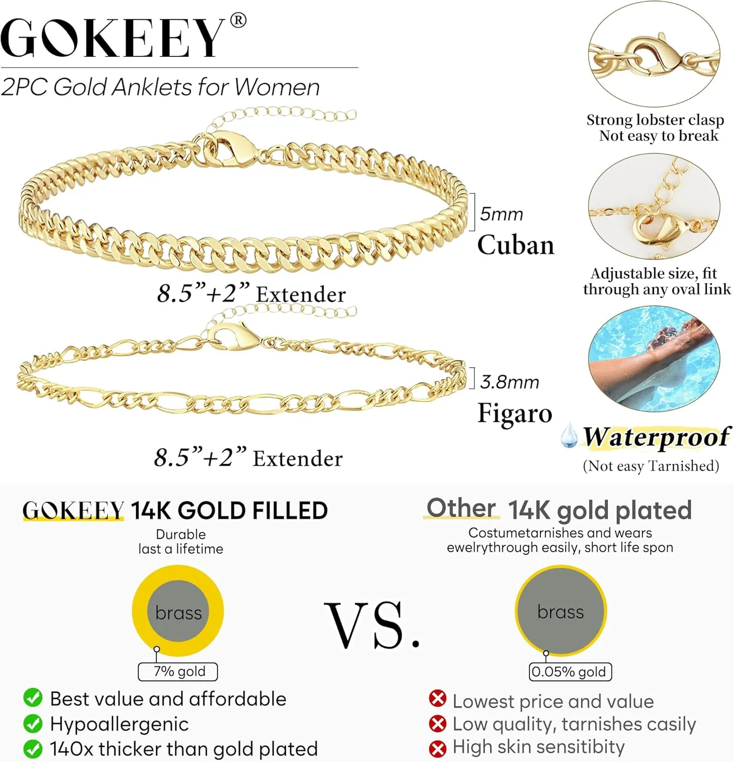 Anklet for Women, 14K Gold Plated Waterproof Ankle Bracelets Stackable Layer Anklets Dainty Jewelry Gift for Women