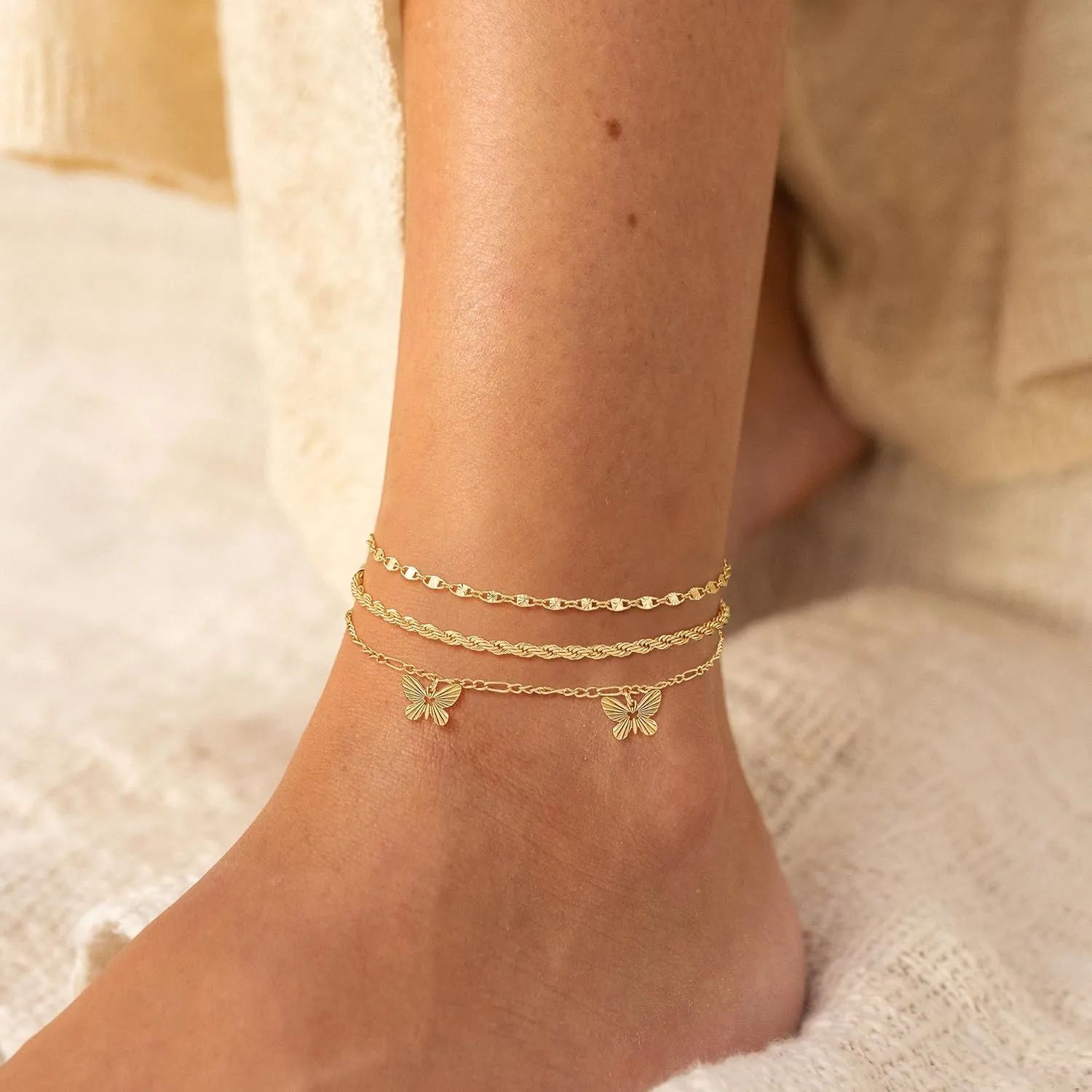 Anklets for Women,Waterproof 14K Gold/Sterling Silver Plated Ankle Bracelets for Women Layered Cuban Herringbone Chain Anklet Bracelet Set Beach Jewelry