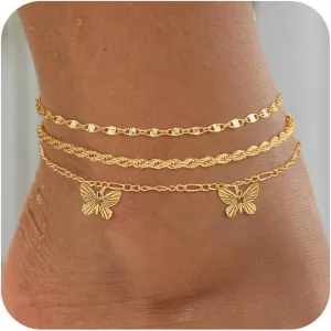 Anklets for Women,Waterproof 14K Gold/Sterling Silver Plated Ankle Bracelets for Women Layered Cuban Herringbone Chain Anklet Bracelet Set Beach Jewelry