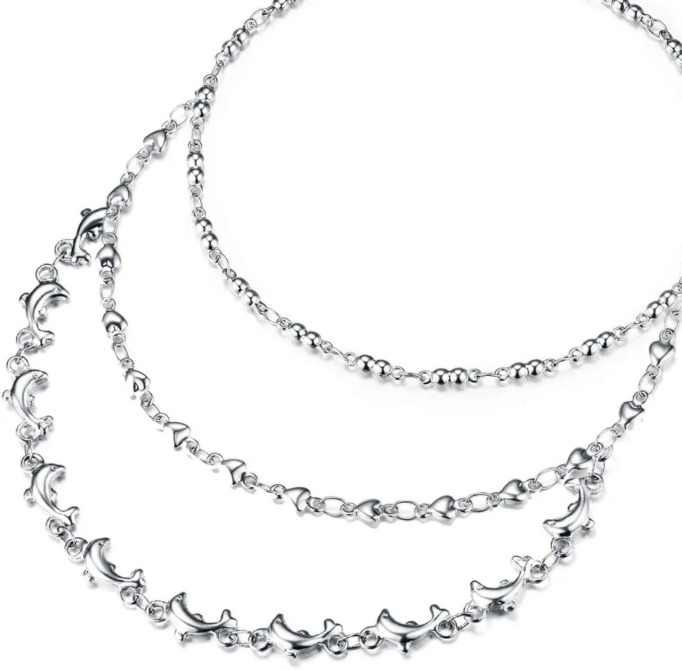 Anklets Set 8.2" 2" Adjustable, Stainless Steel Ankle Bracelet for Women Dolphin Jewelry Gift