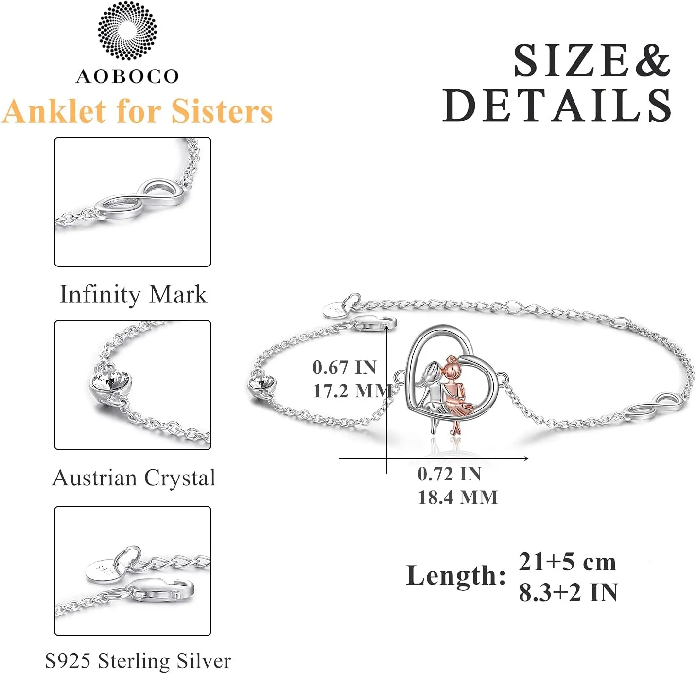 AOBOCO Sisters Bracelet Sterling Silver 2 Sister Anklets Jewelry Gifts for Women