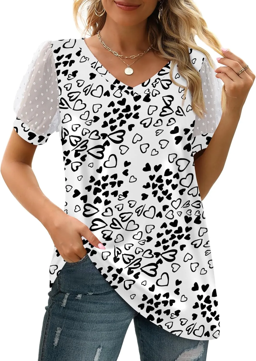 Aokosor Womens Summer Tops V Neck T Shirts Swiss Dot Puff Sleeve Tops Loose Casual Tshirts