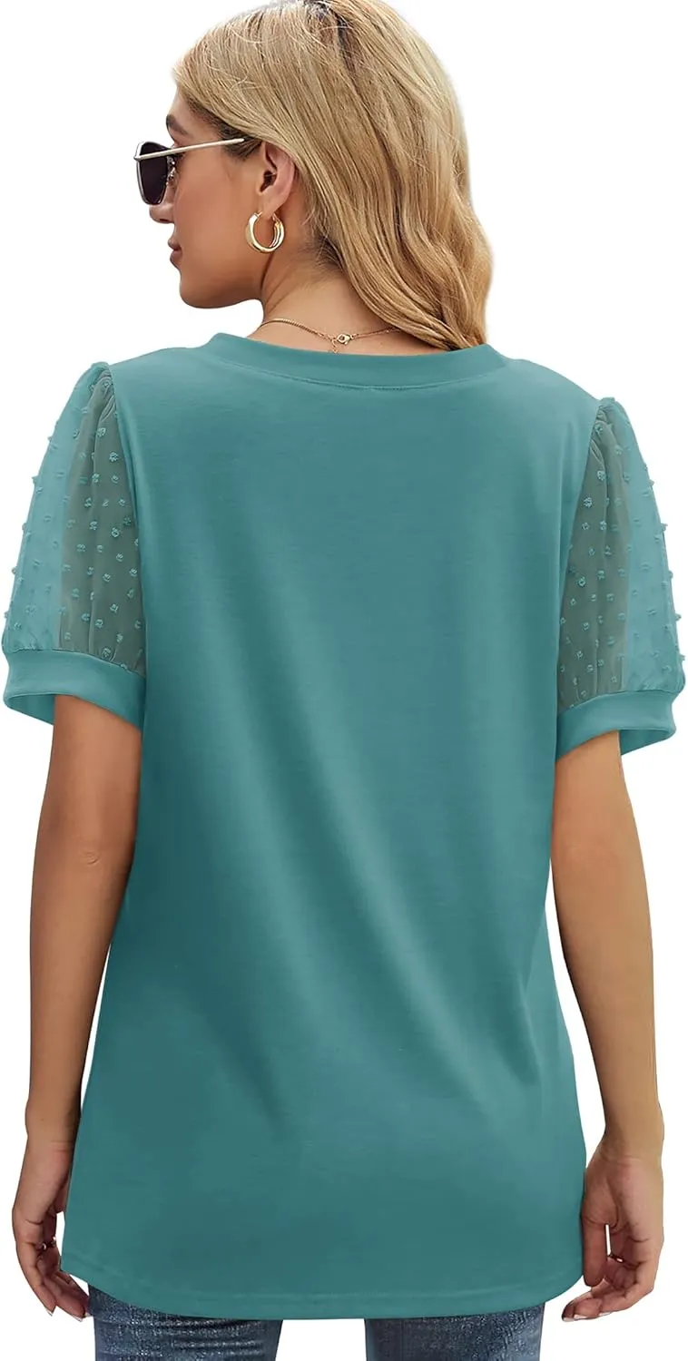 Aokosor Womens Summer Tops V Neck T Shirts Swiss Dot Puff Sleeve Tops Loose Casual Tshirts