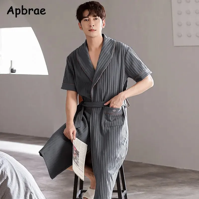Apbrae New Summer Men's Soft Cotton Bathrobe Dark Grey Half Sleeve Solid Robe Big Size 4XL Fashion Elegant Kimono for Gentleman