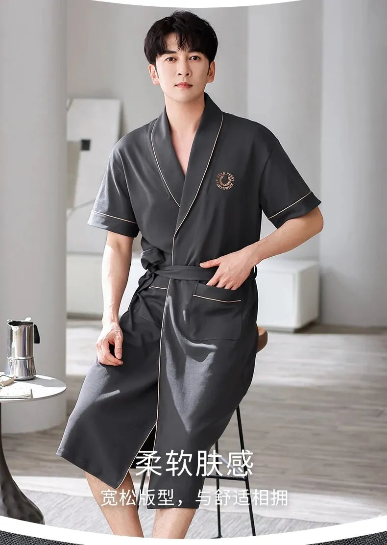 Apbrae New Summer Men's Soft Cotton Bathrobe Dark Grey Half Sleeve Solid Robe Big Size 4XL Fashion Elegant Kimono for Gentleman