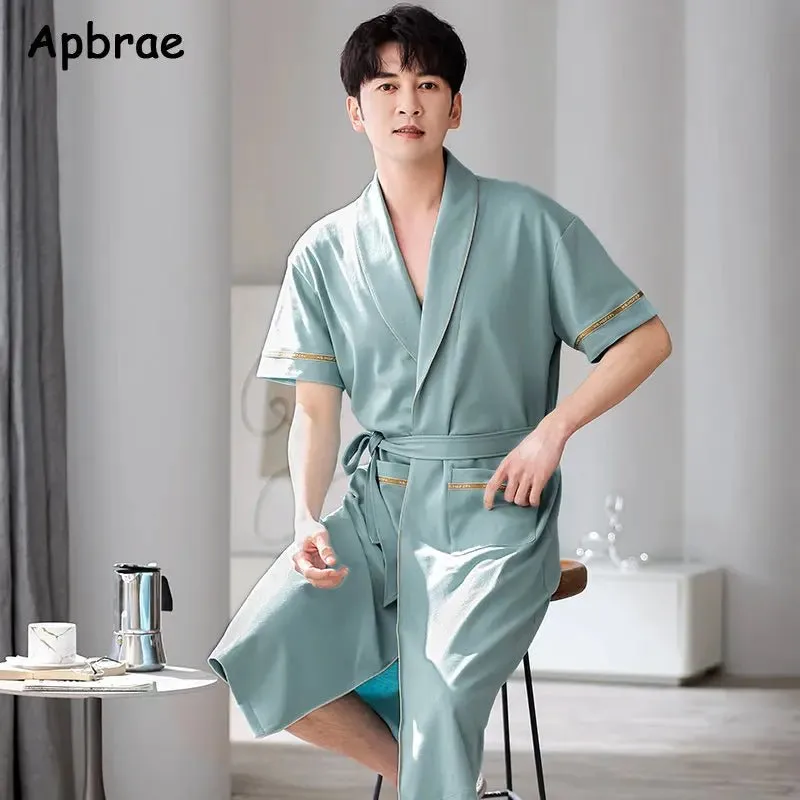 Apbrae New Summer Men's Soft Cotton Bathrobe Dark Grey Half Sleeve Solid Robe Big Size 4XL Fashion Elegant Kimono for Gentleman