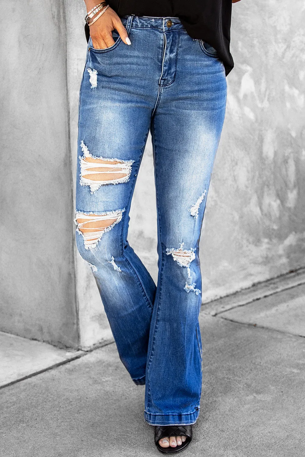 *App Exclusive* Distressed Flare Leg Jeans