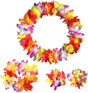 Arlai Hawaiian Luau Flower Necklace, Headband, and Bracelets Set - High Density Sewing Production, Assorted Colors, Perfect for Themed Parties, Costume Events, and Fancy Dress