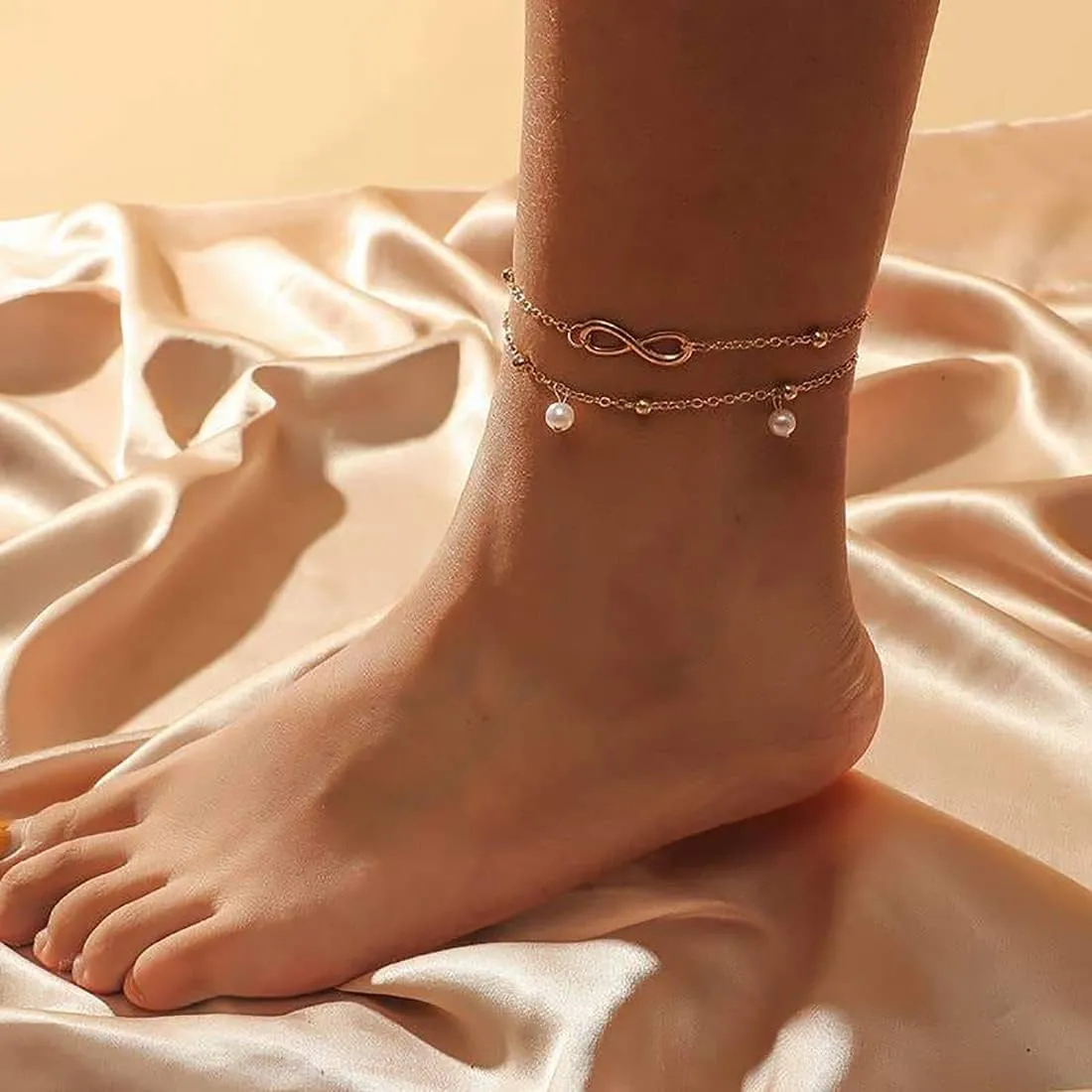 ASCOMY Ankle Bracelets for Women 14K Gold Plated Anklet for Women Silver Layered Shining Tennis Anklet Dainty Beaded Bar Dot Pearl Satellite Link Chain Anklets Summer Beach Foot Chain Jewelry Gifts