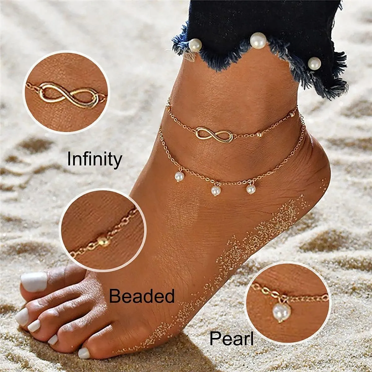 ASCOMY Ankle Bracelets for Women 14K Gold Plated Anklet for Women Silver Layered Shining Tennis Anklet Dainty Beaded Bar Dot Pearl Satellite Link Chain Anklets Summer Beach Foot Chain Jewelry Gifts