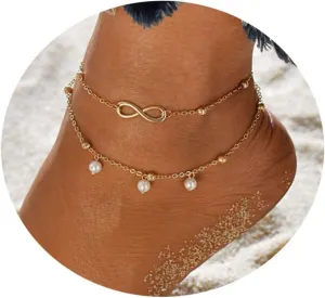 ASCOMY Ankle Bracelets for Women 14K Gold Plated Anklet for Women Silver Layered Shining Tennis Anklet Dainty Beaded Bar Dot Pearl Satellite Link Chain Anklets Summer Beach Foot Chain Jewelry Gifts