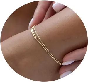 ASCOMY Ankle Bracelets for Women 14K Gold Plated Anklet for Women Silver Layered Shining Tennis Anklet Dainty Beaded Bar Dot Pearl Satellite Link Chain Anklets Summer Beach Foot Chain Jewelry Gifts