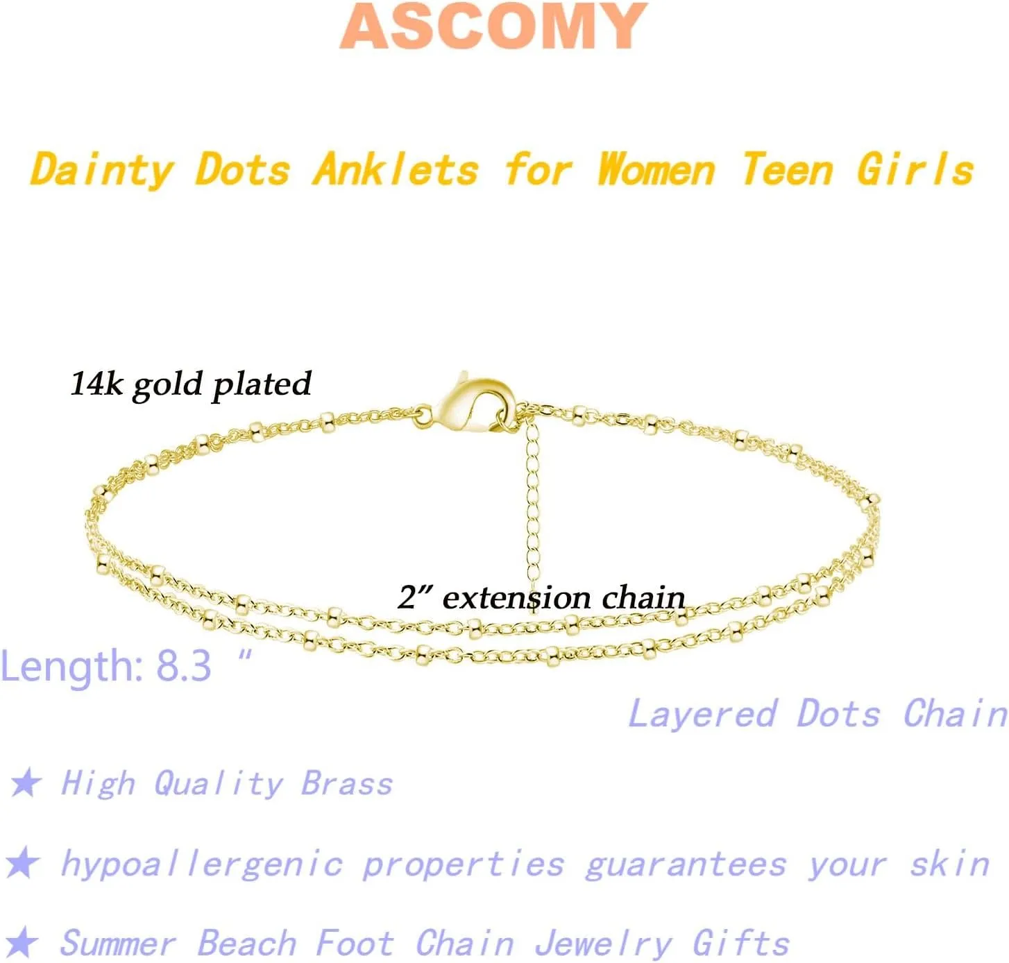ASCOMY Ankle Bracelets for Women 14K Gold Plated Anklet for Women Silver Layered Shining Tennis Anklet Dainty Beaded Bar Dot Pearl Satellite Link Chain Anklets Summer Beach Foot Chain Jewelry Gifts