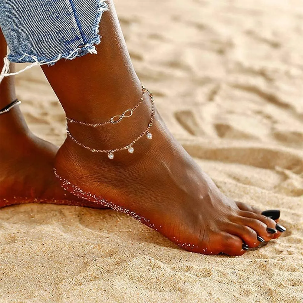 ASCOMY Ankle Bracelets for Women 14K Gold Plated Anklet for Women Silver Layered Shining Tennis Anklet Dainty Beaded Bar Dot Pearl Satellite Link Chain Anklets Summer Beach Foot Chain Jewelry Gifts