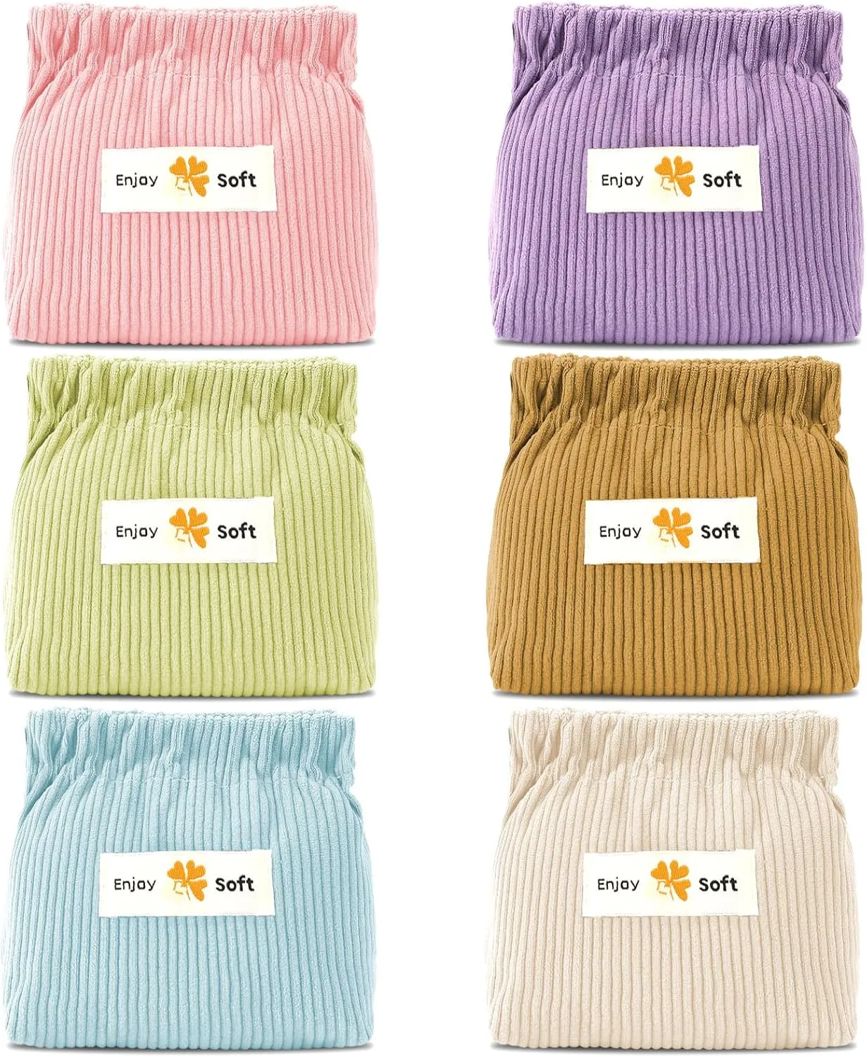 AUGSUN 6pc Corduroy Elastic Hair Tie Organizer, Storage Bag, Makeup Pouch, Travel Accessory, 5.11 x 1.96 x 4.72 IN, Milky White, Green, Blue, Coffee, Pink, Purple
