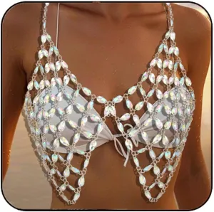 Aukmla Crystal Body Bra Chain Silver Sparkly Rhinestones Halter Chest Chains Beach Bikini Nightclub Body Jewelry for Women