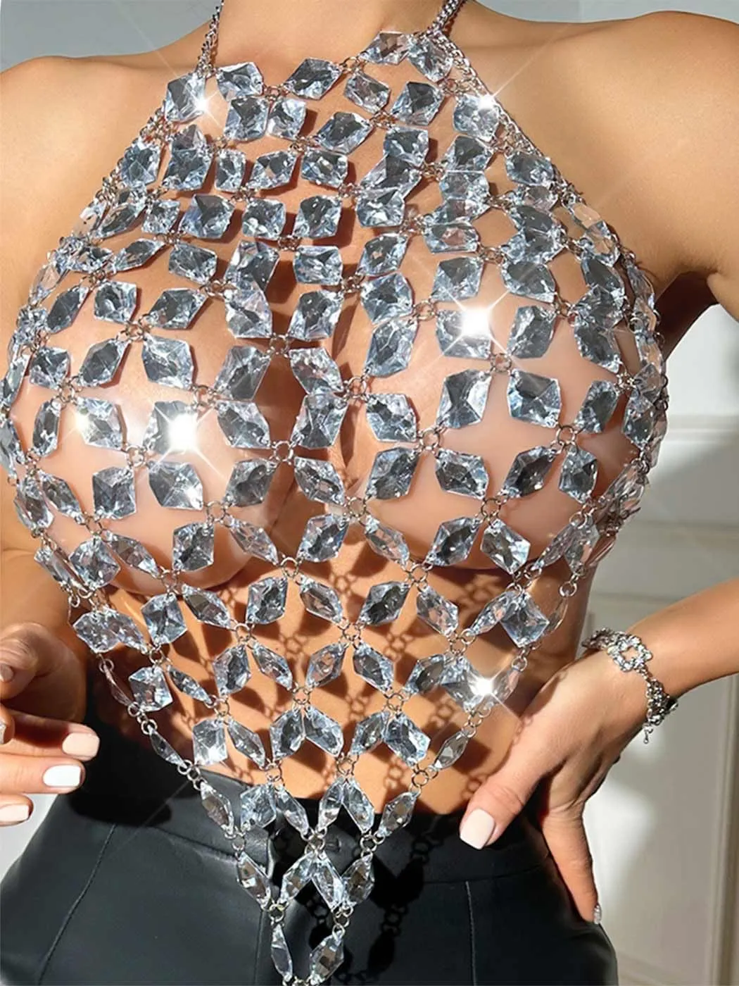 Aukmla Crystal Bra Body Chain Top Silver Rhinestones Halter Crop Tops Beach Bikini Chest Chains Body Jewelry for Women