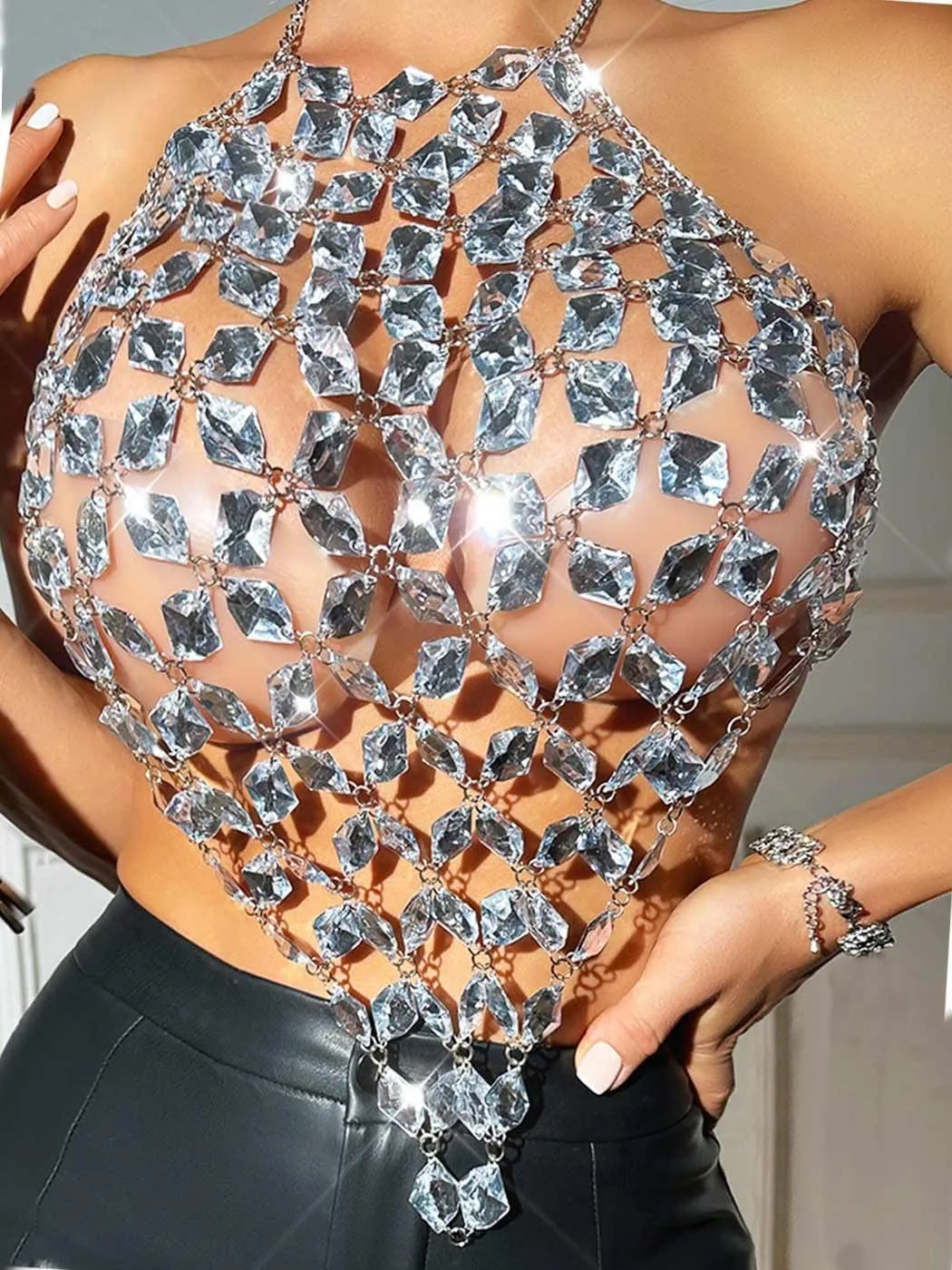 Aukmla Crystal Bra Body Chain Top Silver Rhinestones Halter Crop Tops Beach Bikini Chest Chains Body Jewelry for Women