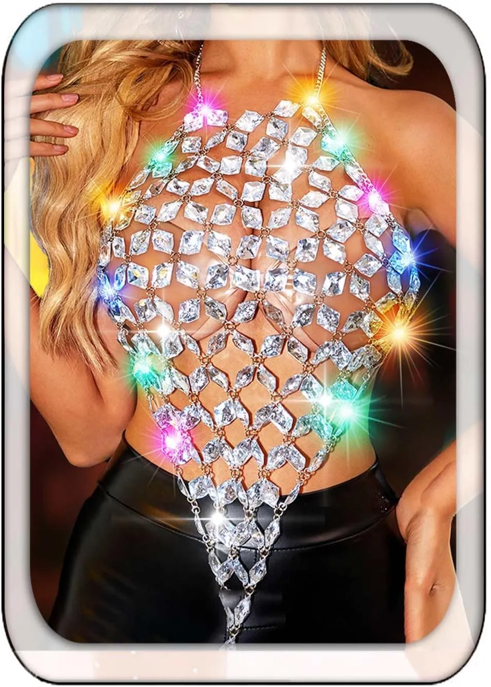 Aukmla Crystal Bra Body Chain Top Silver Rhinestones Light Up Halter Crop Tops LED Beach Bikini Chest Chains Body Jewelry for Women