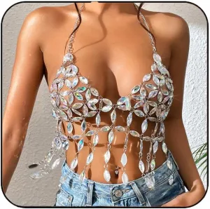 Aukmla Rhinestones Bra Body Chain Silver Crystal Chest Chains Beach Bikini Nightclub Body Jewelry for Women