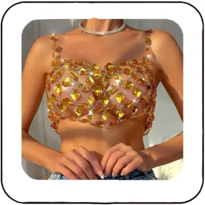 Aukmla Rhinestones Bra Chain Silver Crystal Crop Tops Nightclub Beach Bikini Chest Chains Body Jewelry for Women